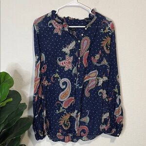 Talbots 100% cotton Blue Pink Ruffled collar long sleeve button Large Blouse